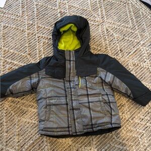 Gray and Black Plaid Hooded Winter Jacket with Neon Accents